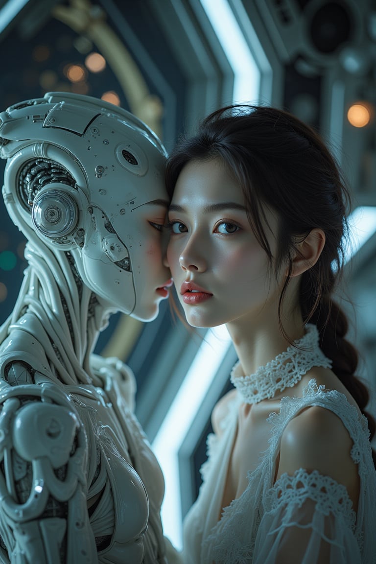 An alien male humanoid and a young woman merging together to create a new plane of existence,  their bodies transcending t...