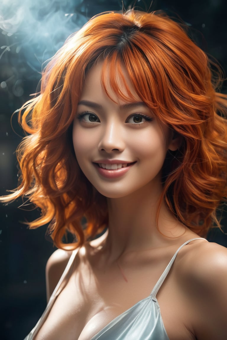 hyperrealistic, a masterpiece live-action movie poster. A breathtakingly realistic image of Nami from One Piece, orange hair flowing, epic movie still composition, dynamic angle, dynamic position, speed effect, playful and evil smiling, young and cute face, plumes of jet black plumes smokes, In the style of Prokoko, radiating an otherworldly aura. Showcase her sexy figure and beaming smile. Utilize advanced techniques to capture subtle lighting, texture, and attire details. Exude an atmosphere of awe-inspiring wonder, as if she is about to unleash divine energy. Bring this extraordinary visual to life with 3D rendering and meticulous attention to detail.