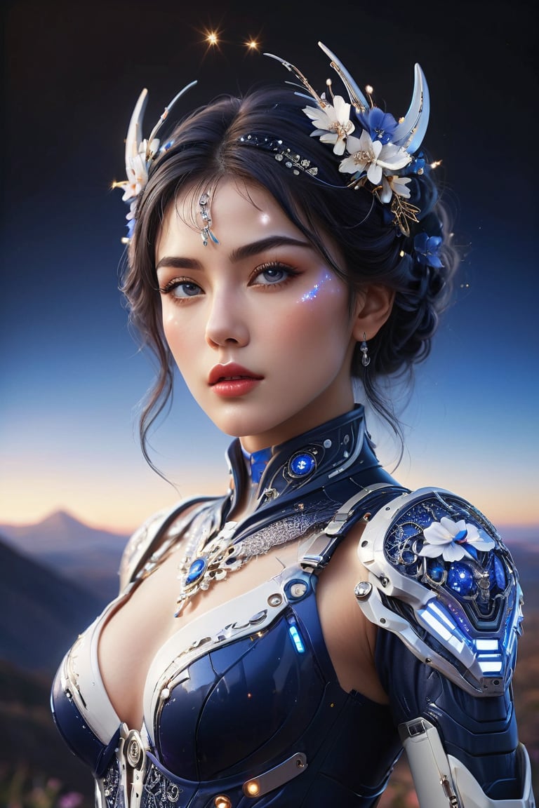 ((masterpiece)), ((best quality)), (((photo Realistic))), (portrait photo), (8k, RAW photo, best quality, masterpiece:1.2), (realistic, photo-realistic:1.3). A stunning 4K high-quality photo of a beautiful woman wearing a white mecha adorned with dazzling lights. Her face, with a captivating gaze, is perfectly enhanced with blue-toned makeup, including dark blue eyeliner, red lip gloss, and a delicate hairpin. Her dark blue hair is a blend of silver, violet, and blue hues, with a gradient effect. The background showcases a complex setting with dark blue flowers and intricate clothing, all against a backdrop of a godly landscape. The atmosphere is filled with a sense of wonder, as the woman's outfit billows in the wind. This photograph truly captures the essence of fashion and artistic beauty.,glowneon,mad-cyberspace