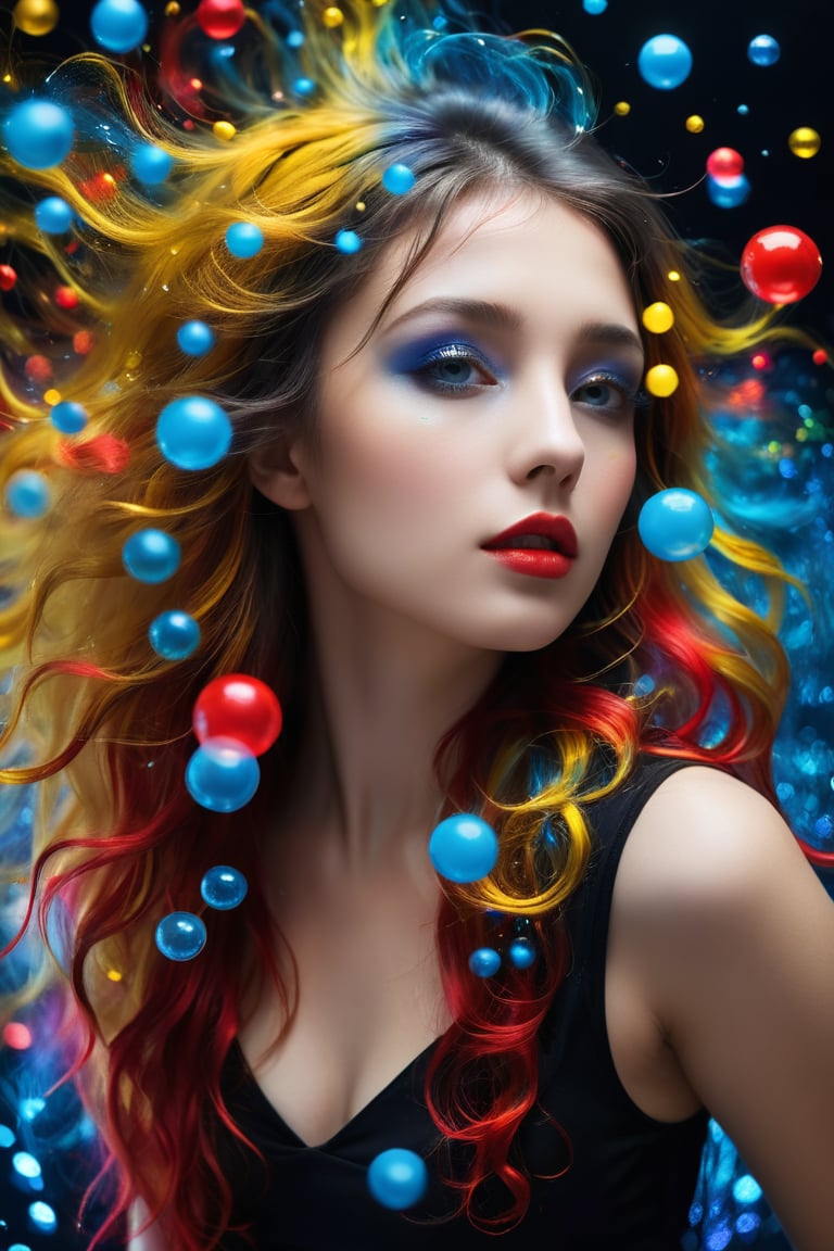 A young alluring woman. A captivating image of a woman's hair dissolving into thousands of tiny, translucent, and colorful spheres. Her once luscious locks transform into a mesmerizing display of yellow, blue, and red orbs. The background is a deep, dark black, providing a dramatic contrast to the vibrant and otherworldly transformation of the hair.,glitter,gl1tt3rsk1n