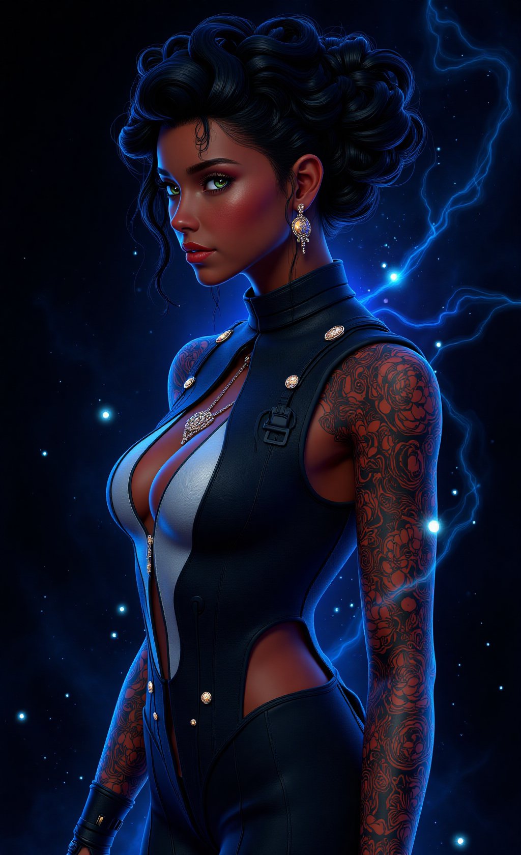 A cinematic sci-fi illustration of a distinguished black woman with intricate tattoos that glow mysteriously. She wears a...