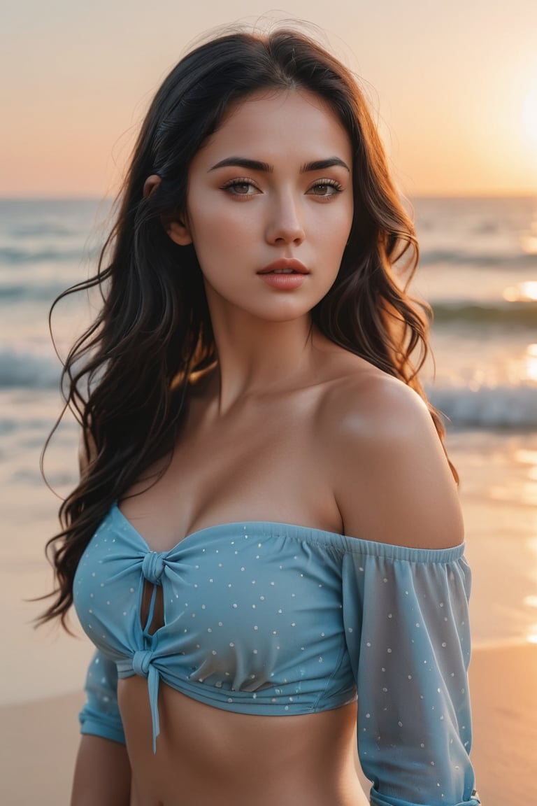 A breathtaking portrait photo of a fit young blonde woman. A stunning cinematic photo capturing a young, attractive woman kneeling on a sandy beach during a serene sunset. She has long black hair and a fair complexion, with subtle makeup accentuating her eyes and lips. Clad in a light blue, dotted off-shoulder top and a maroon bikini, she appears to adjust the side tie of her bottoms. The sun casts a soft warm, golden glow on her fair skin and wet hair, while the gentle waves lap at the shore and the horizon fades into the distance. The overall atmosphere of the image is peaceful and captivating, cinematic, 