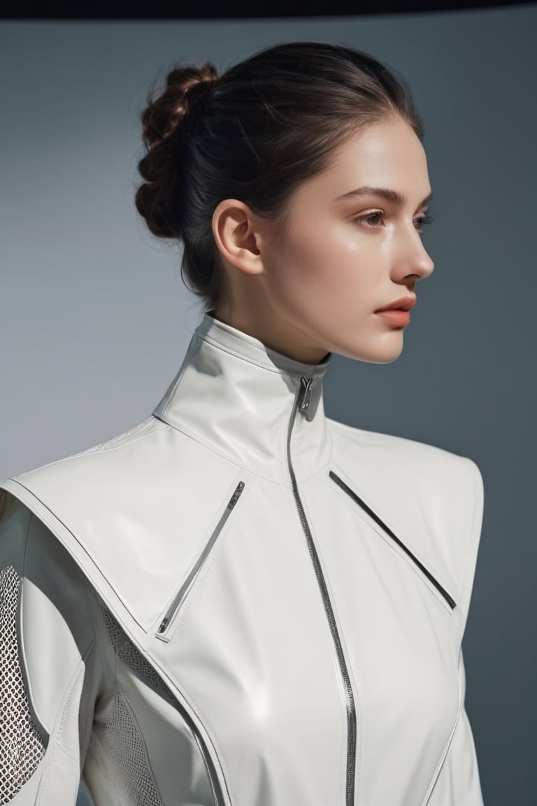 A hyper-realistic side profile. Craft a fashion concept that blends futuristic aesthetics with nomadic influences. Envision garments that seamlessly merge functionality with style, incorporating innovative materials and bold silhouettes. Consider how this fashion line caters to a nomadic lifestyle in a technologically advanced society.