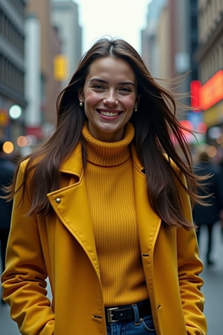 Ultra-realistic portrait photo, 21-year-old fashionista, gentle geometric pose, joyful expression, flowing hair, detailed busy street, Matrix-inspired urban environment, stylish yellow sweater-coat, Acne Studios winter 2047 collection, random colors, navy and yellow tones, intricate details, dynamic shadows, futuristic cityscape, Canon EOS R5, 50mm f/1.2 lens