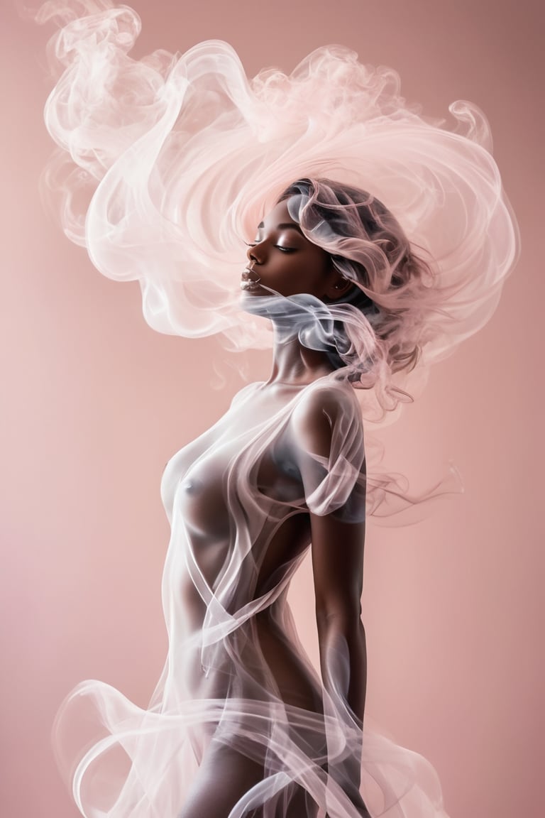 A captivating minimalist portrait of a woman, her wavy figure artfully crafted from delicate smoke in a soft pink hue. The smoke sculpture flows with a dreamy, delicate movement, capturing a fleeting moment of time. The crisp, clear lines and simplicity of the design enhance the elegance and beauty of this surreal, dreamy image.