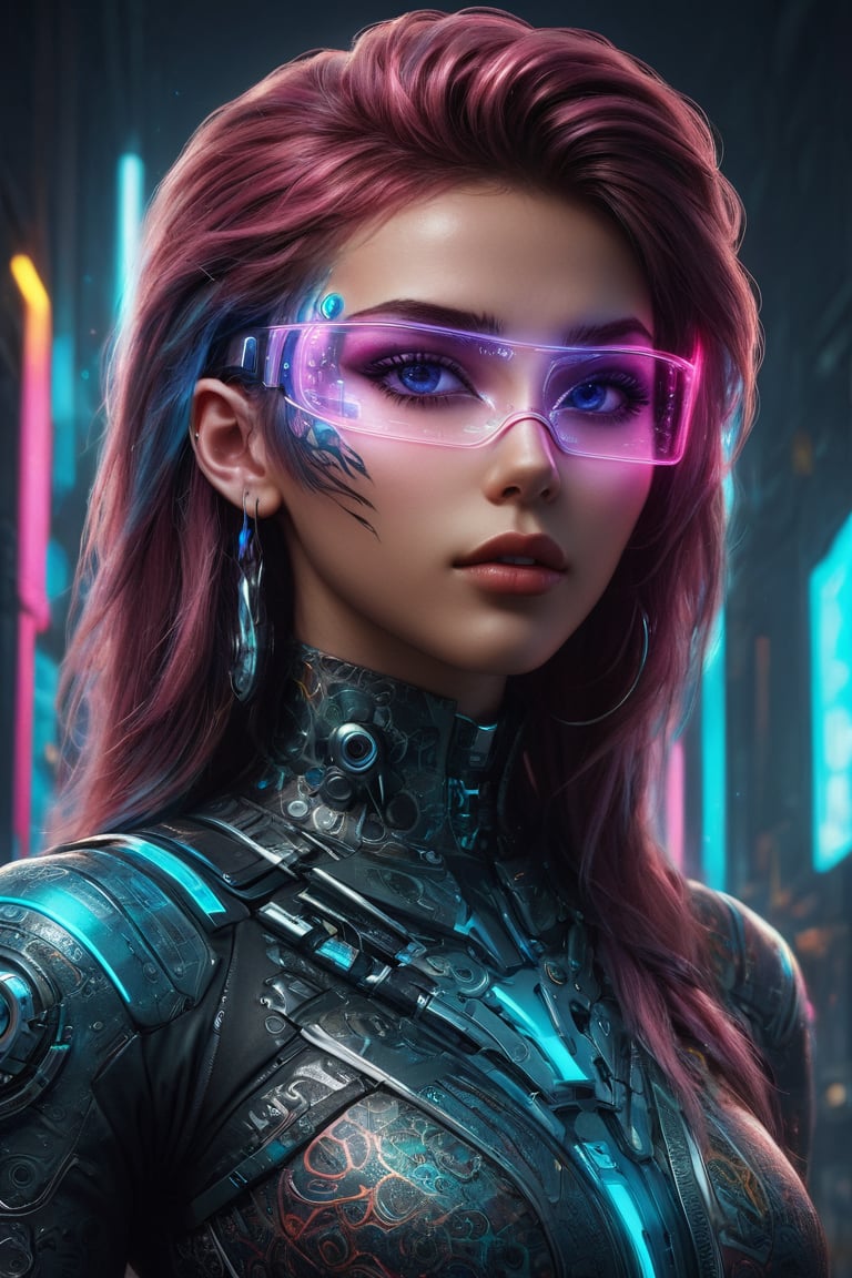 A captivating conceptual art piece featuring a hybrid-colored, futuristic young lady with a wild and alluring style. The gorgeous character is adorned in an intricate and vibrant body art design, which is accentuated by the high-quality 3D render and HDR lighting. The overall aesthetic is a blend of cyberpunk and avant-garde, with a touch of surrealism, creating a striking visual experience.