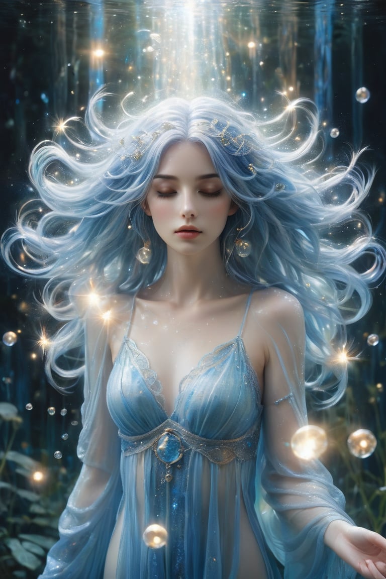 A serene and ethereal female figure with flowing blue hair that merges with the surrounding environment. She has closed her eyes and holds a delicate glowing object near her heart. The background is filled with bubbles, some of which are translucent and others shiny, giving an impression of underwater depth. The color palette is dominated by soft blues, whites, and hints of gold, creating a dreamy and magical atmosphere.