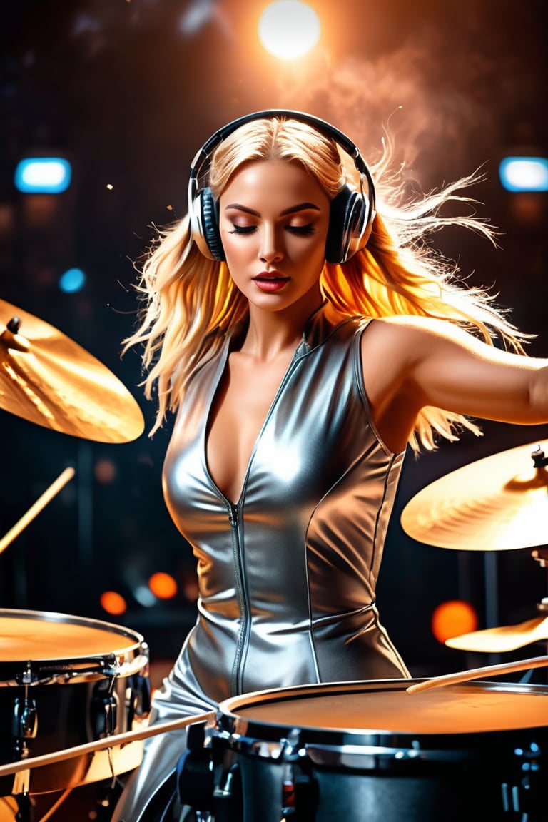 ((masterpiece)), ((best quality)), (((photo Realistic))), (portrait photo), (8k, RAW photo, best quality, masterpiece:1.2), (realistic, photo-realistic:1.3). a beautiful woman, wearing a silver rubber dress with orange accents, wearing a headset, blonde hair, with a face full of expression, a little shouting loudly, and her eyes closed, was enthusiastically beating the drum surrounded by various drums and cymbals with two drum sticks, so thatthere is a dust splash effect with every blow and a vibration effect. large concert screen background, and lighting, hyper realistic, 