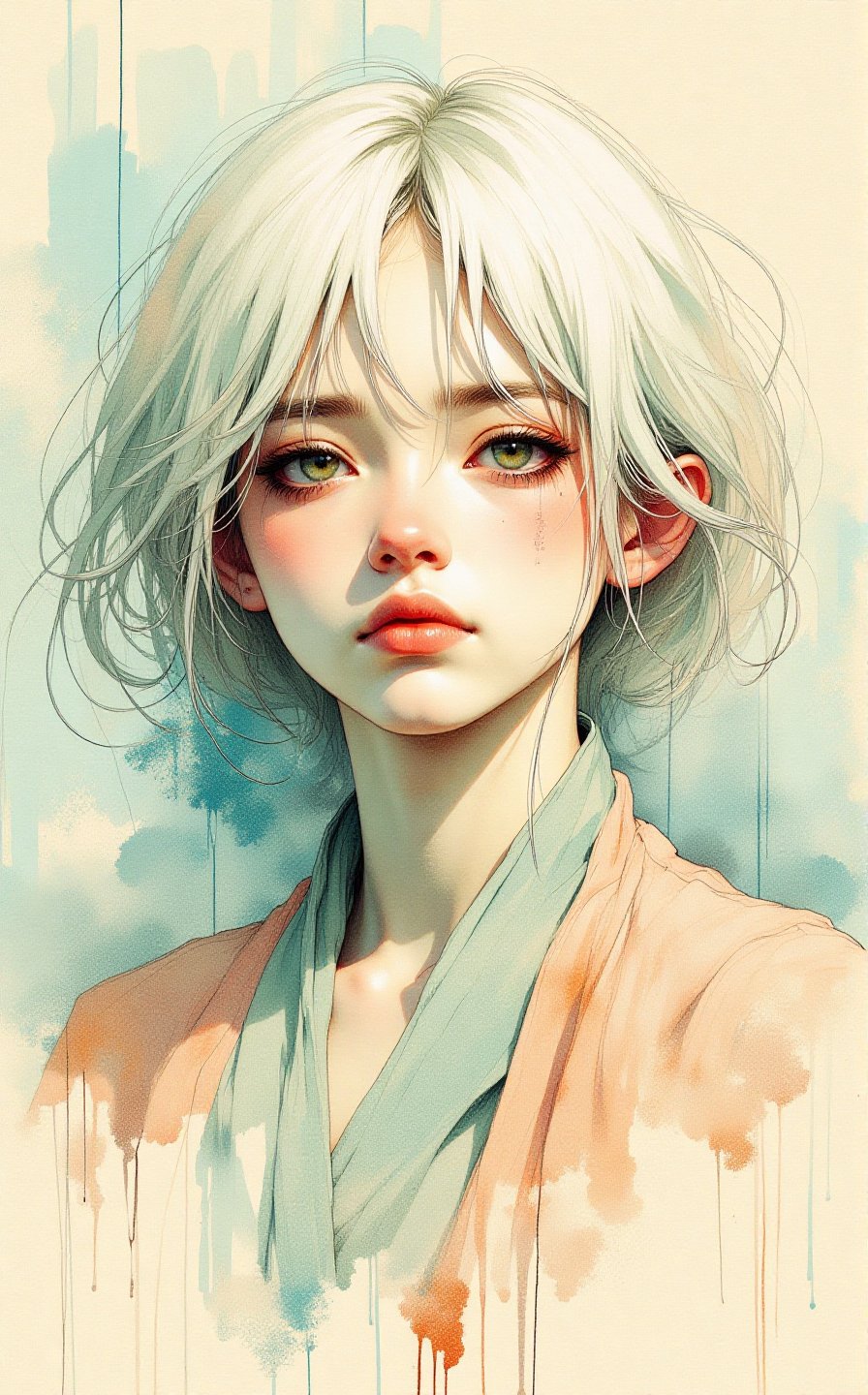 Color pencil sketch on old torn paper, beautiful female figure, an image of a girl with white hair, in the style of ross tran, light teal and dark orange, guido van helten, medium shots, comic art, realistic marine paintings, muted colors, dynamic pose, depth of pencil sketch illustration, inspured by Milo Manara and Russ Mills.