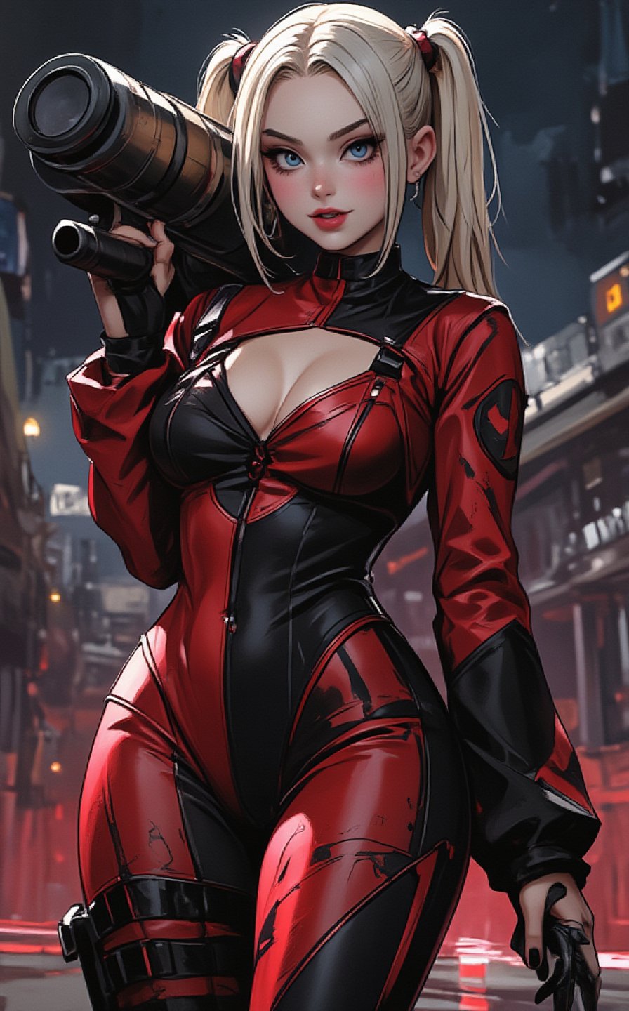 Ghibli studio anime style. Full body shot of Harley Quinn,  sexy pose in original Deadpool's costume,  carrying a huge roc...