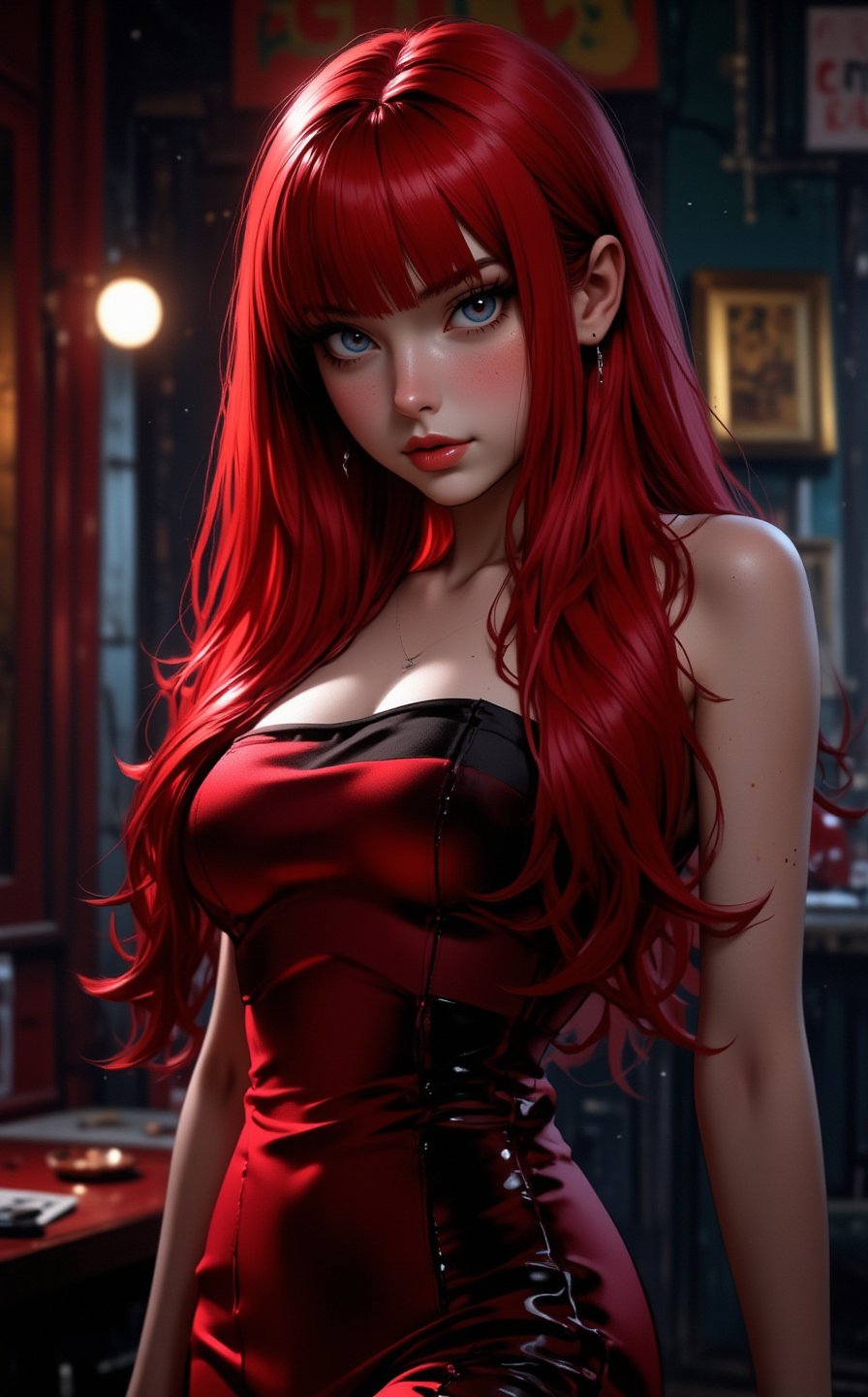 very hot Jessica Rabbit is gorgeous, Artgerm style, real cartoon, very cute and beautiful face, in the atmosphere of horror films, terrifying beauty, full-length sexy character, red hair, bright blue eyes, main character standing, gorgeous look, memorable character, epic live-action movie 