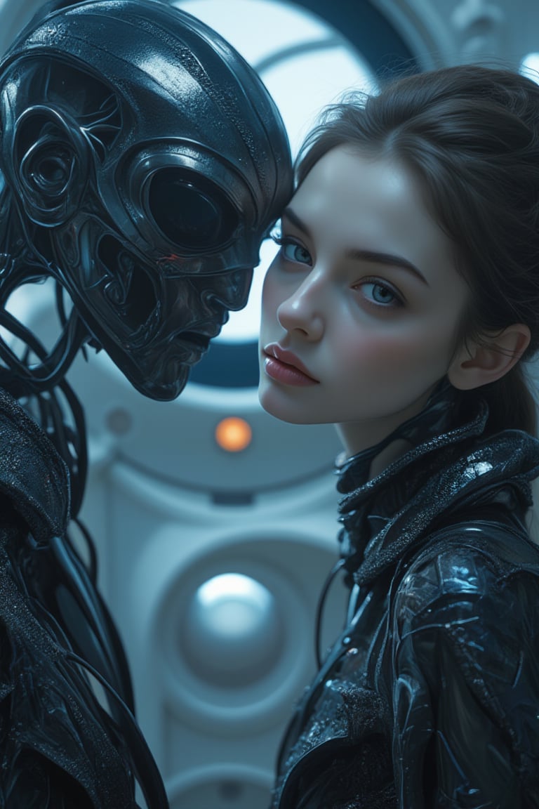 An alien male humanoid and a young woman merging together to create a new plane of existence,  their bodies transcending t...