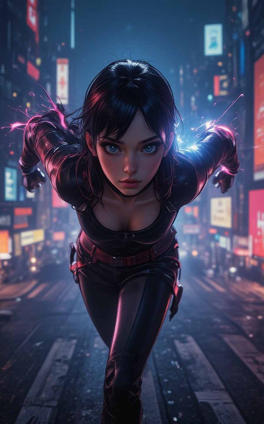 Epic anime live-action movie. Amazing lightingbolt woman, sharp focus on the very front of her face, everything poised, speeding neon lines, fast running forthward on the empty street, luminous, reflective, hyper detailed, trending on artstation, intricate details, background is a futuristic city with skyscrapers at night, ultra realistic, cinematic lighting, perfect image high flying aerial top down view, photorealistic, a sprawling cityscape emerges, adorned with towering skyscrapers, advanced technology and bustling activity create a sense of awe and wonder, super detail, ultra realistic, cinematic lighting,