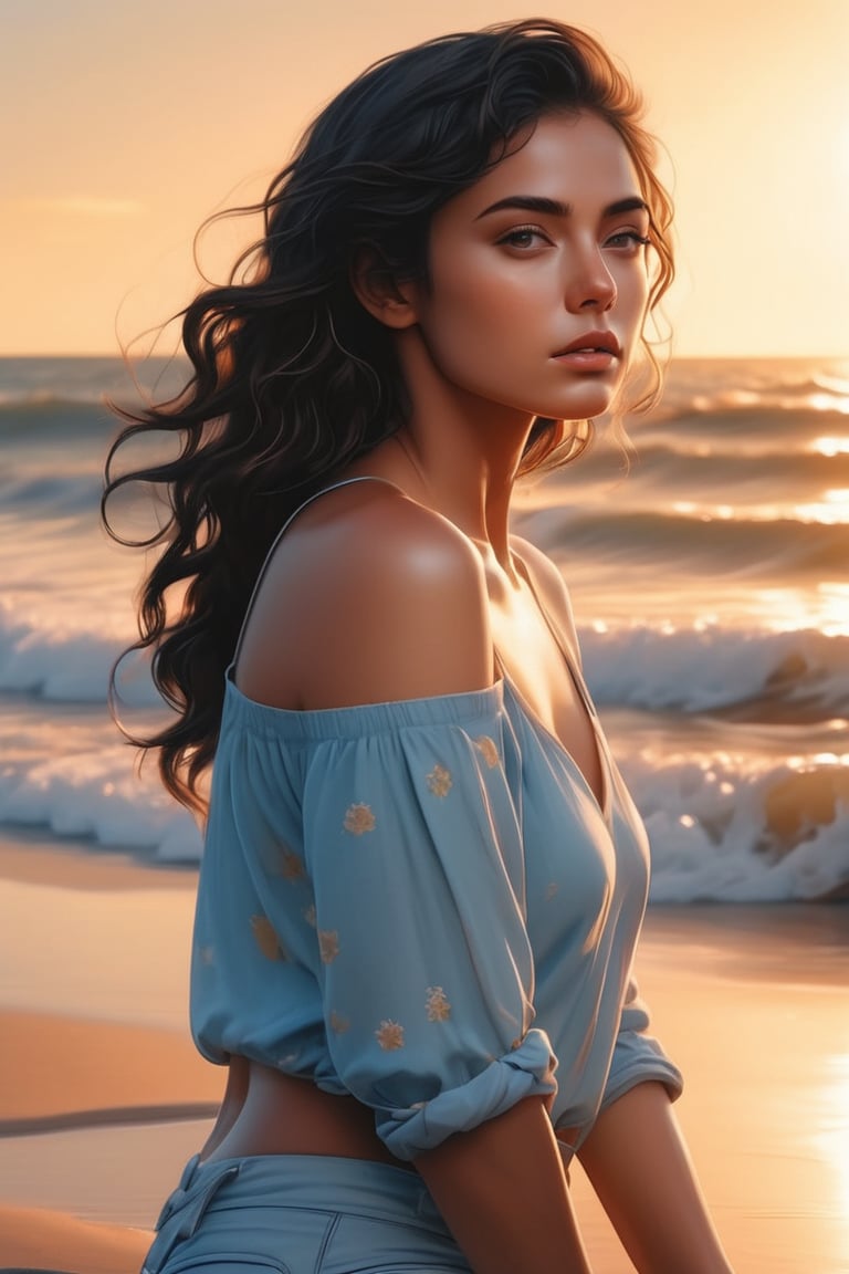 A breathtaking portrait photo of a fit young woman. A stunning cinematic photo capturing a young, attractive woman kneeling on a sandy beach during a serene sunset. She has short, tousled black hair and a fair complexion, with subtle makeup accentuating her eyes and lips. Clad in a light blue, dotted off-shoulder top and a maroon bikini, she appears to adjust the side tie of her bottoms. The sun casts a soft warm, golden glow on her tanned skin and wet hair, while the gentle waves lap at the shore and the horizon fades into the distance. The overall atmosphere of the image is peaceful and captivating, cinematic, 