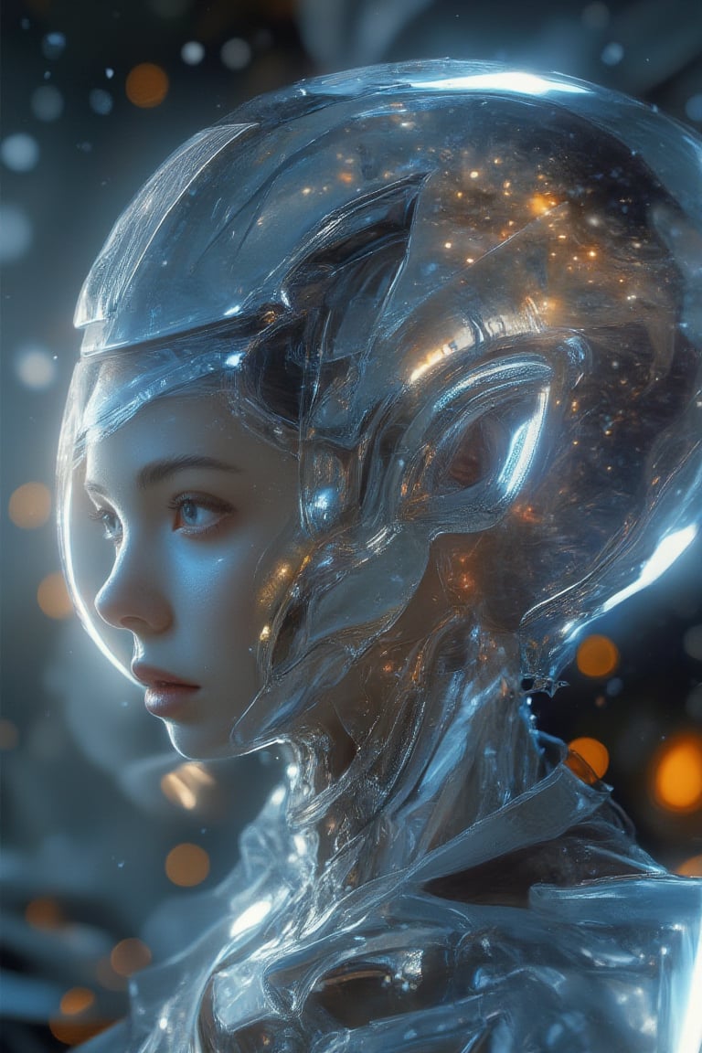 An alien male humanoid and a young woman merging together to create a new plane of existence,  their bodies transcending t...