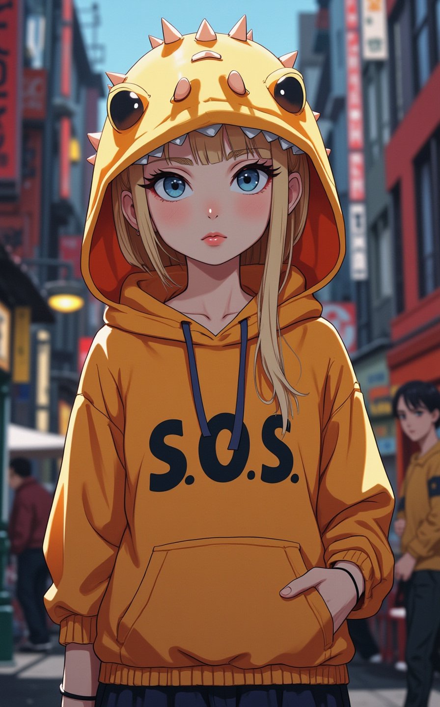 Ghibli studio anime style. A young college girl, blonde hair, blue eyes, standing in the middle of a bustling street. She is wearing a playful hoodie with a hood designed to resemble a plush T-rex head with cute, rounded teeth and spines along the top, giving it a toy-like appearance. The word 'S.O.S ' is written prominently on the front of the hoodie. Dramatic lighting emphasizes her lustful expression.