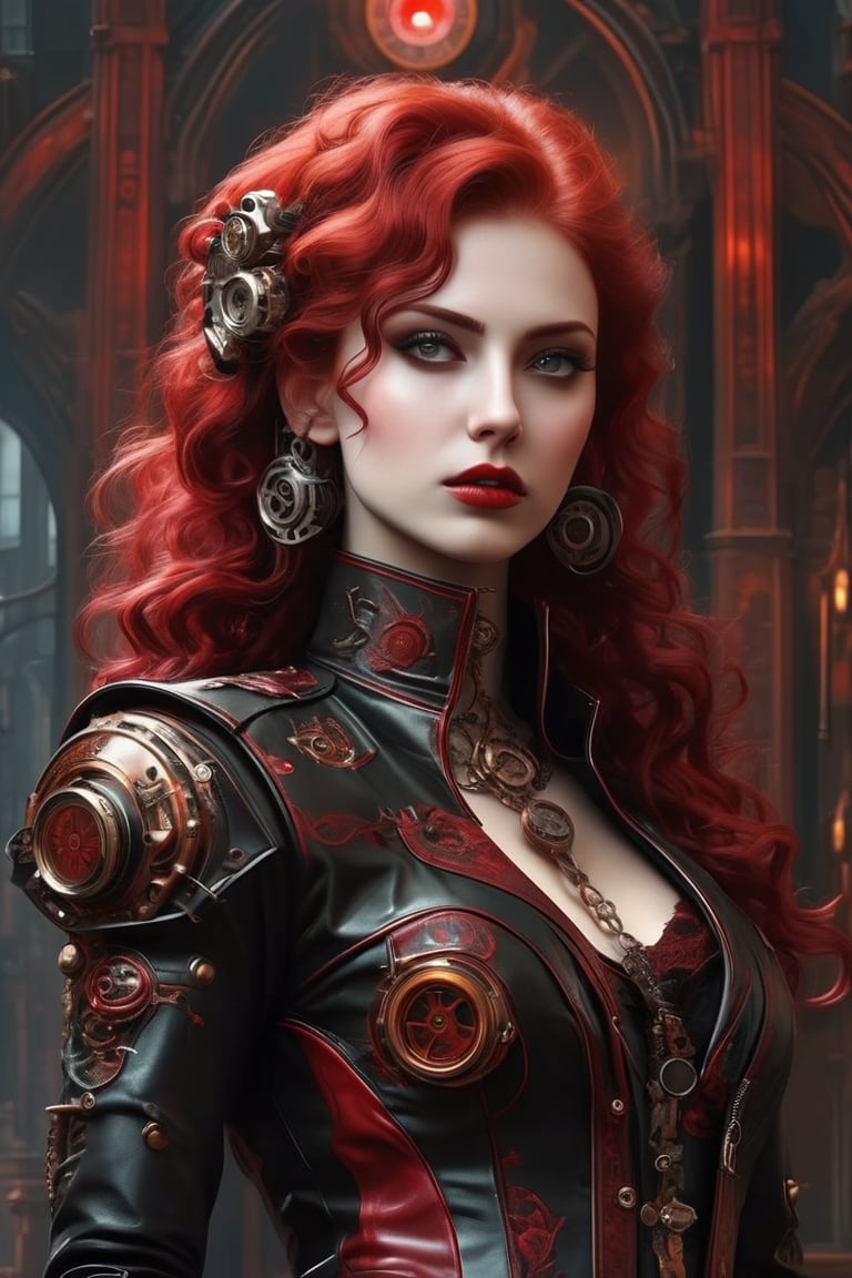 A stunning cinematic illustration of a steampunk vampire girl,  with a blend of dieselpunk,  cyberpunk by AdonisKobi on Te...