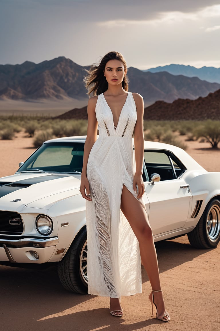 A stunning and vivid portrait of a female model wearing a unique bold design white summer dress adorned with black zebra s...
