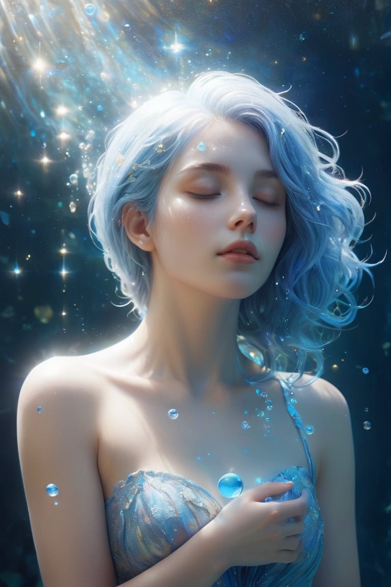 A serene and ethereal female figure with flowing blue hair that merges with the surrounding environment. She has closed her eyes and holds a delicate glowing object near her heart. The background is filled with bubbles, some of which are translucent and others shiny, giving an impression of underwater depth. The color palette is dominated by soft blues, whites, and hints of gold, creating a dreamy and magical atmosphere.