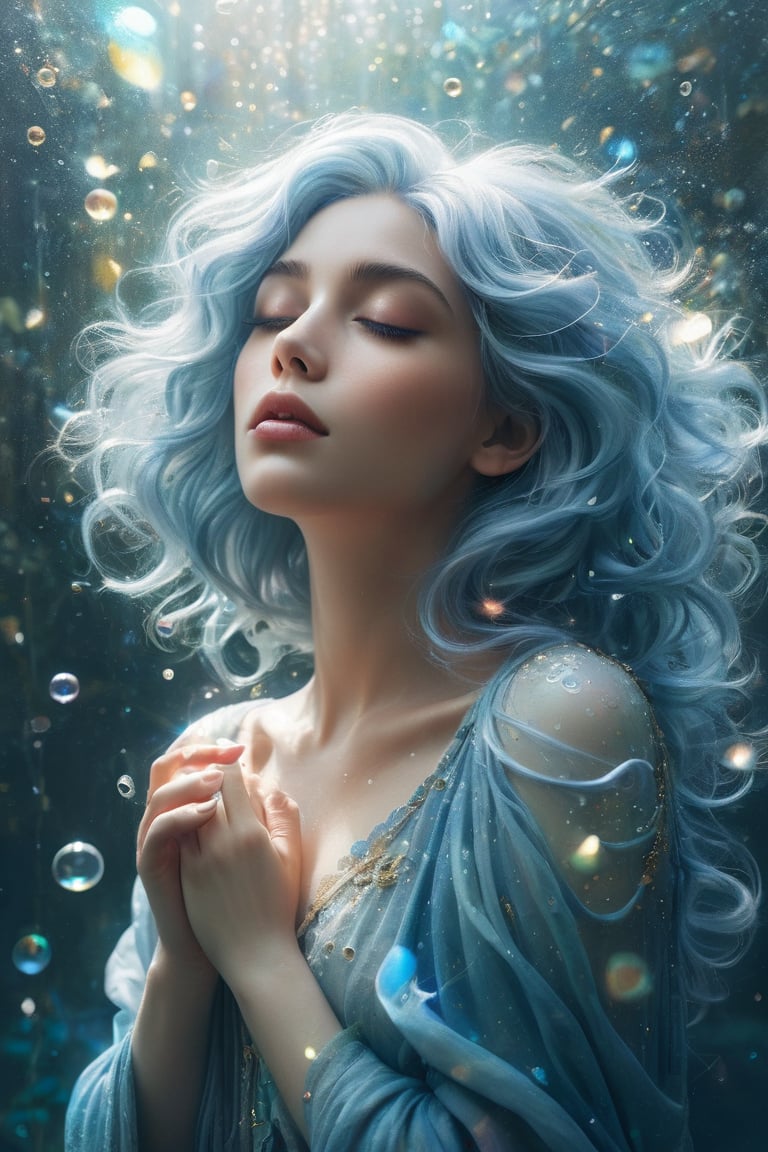 A serene and ethereal female figure with flowing blue hair that merges with the surrounding environment. She has closed her eyes and holds a delicate glowing object near her heart. The background is filled with bubbles, some of which are translucent and others shiny, giving an impression of underwater depth. The color palette is dominated by soft blues, whites, and hints of gold, creating a dreamy and magical atmosphere.