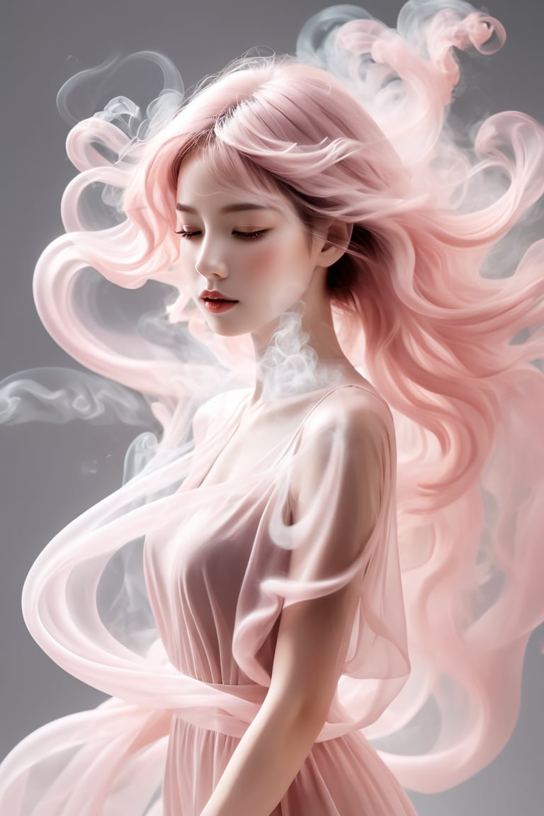 A captivating minimalist portrait of a woman, her wavy figure artfully crafted from delicate smoke in a soft pink hue. The smoke sculpture flows with a dreamy, delicate movement, capturing a fleeting moment of time. The crisp, clear lines and simplicity of the design enhance the elegance and beauty of this surreal, dreamy image.