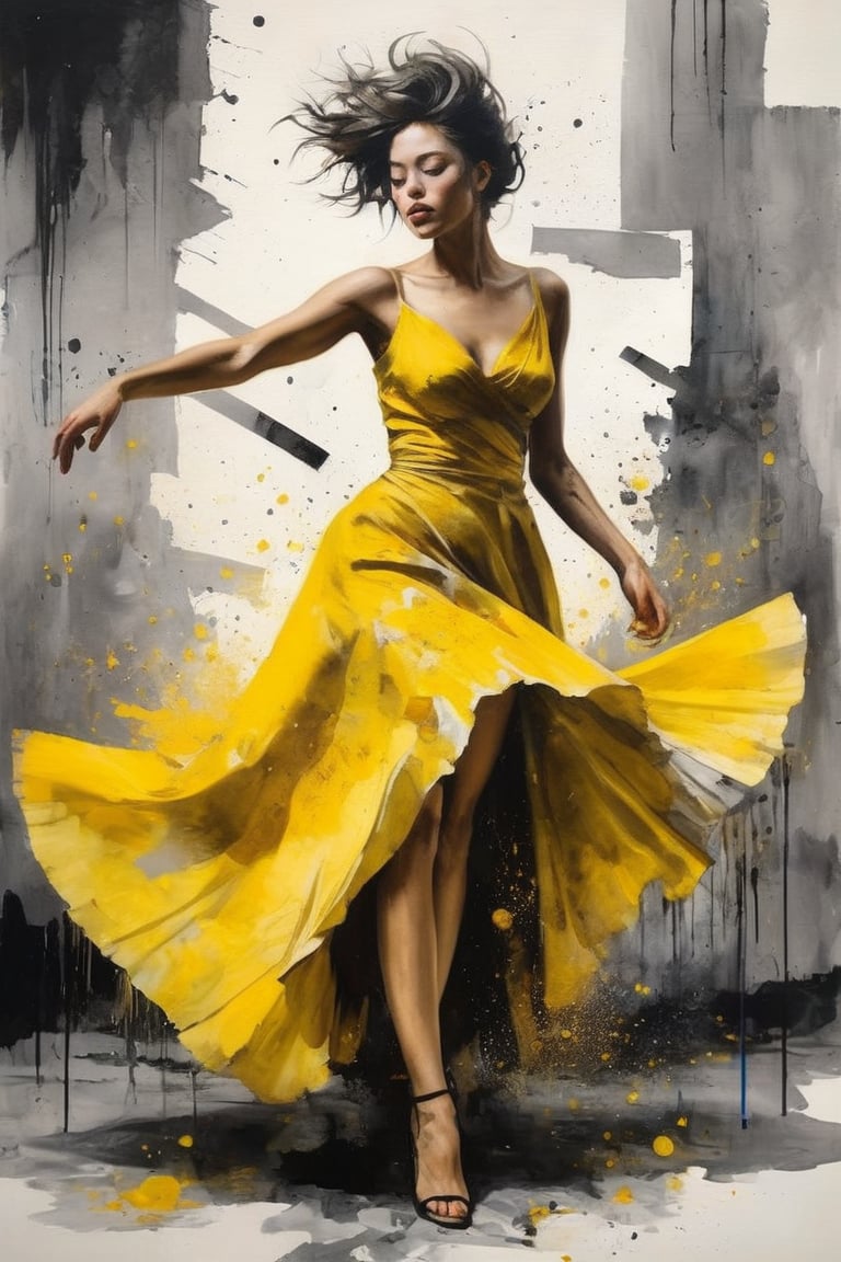 hyperrealistic art style, a masterpiece painting on torn paper. A mesmerizing ink wash painting featuring a gorgeous woman wearing a yellow dress, in the style of joram roukes, dance while head backward, neil gaiman, graceful movements, stanley pinker, made of glass, disintegrated, heavy brush stroke, very detailed background. 