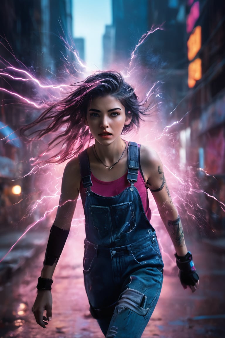 An electrifying low-angle photograph captures the essence of Alex,  a 22-year-old dark-haired tomboy,  as she dynamically...