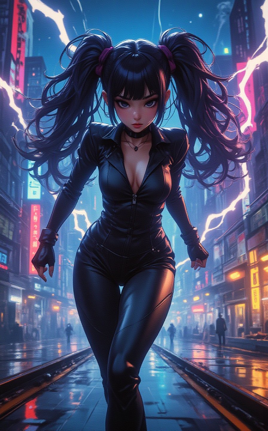 Epic anime live-action movie. Amazing lightingbolt woman, sharp focus on the very front of her face, everything poised, speeding neon lines, head forward, fast running towards the viewer, luminous, reflective, hyper detailed,, intricate details, background is a futuristic city with skyscrapers at night, ultra realistic, cinematic lighting, perfect image high flying aerial top down view, photorealistic, a sprawling cityscape emerges, adorned with towering skyscrapers, advanced technology and bustling activity create a sense of awe and wonder, super detail, ultra realistic, cinematic lighting,