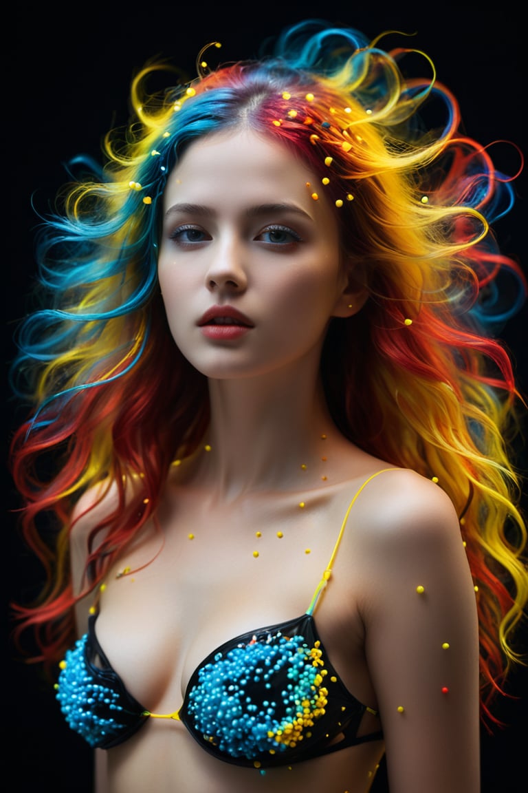 A young alluring woman. A captivating portrait of a woman's hair dissolving into thousands of tiny, translucent, and colorful spheres strapes covered her svelte body. Her once luscious locks transform into a mesmerizing display of yellow, blue, and red orbs. The background is a deep, dark black, providing a dramatic contrast to the vibrant and otherworldly transformation of the hair.,neon photography style,mad-cyberspace,glowing-neon-colour-clothing,glowing,neon style