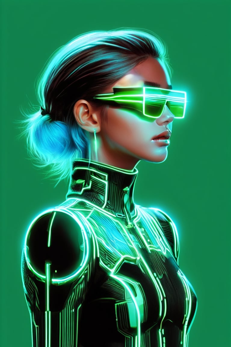 ((masterpiece)), ((best quality)), (((photo Realistic))), (8k, RAW photo, best quality, masterpiece:1.2), (minimalist). A captivating side profile portrait of a young fashionable woman, predominantly using electric blue and neon green hues. The subject dons futuristic, angular sunglasses with reflective green lenses, which perfectly complement the vibrant green background. Their sleek headphones, featuring alternating blue and green stripes, rest comfortably over their ears. The subject's skin is accentuated with bold, contrasting blue and green tones, emphasizing their sharp facial features, neck, and shoulder. The composition is framed by a large, luminous green circle, creating a striking visual contrast between the subject and the vivid backdrop.