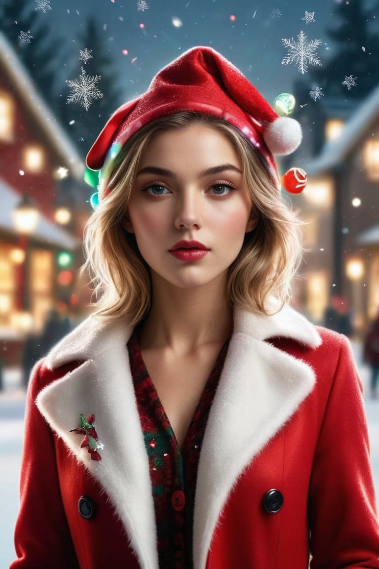 ((masterpiece)), ((best quality)), (((photo Realistic))), A mesmerizing high-resolution photograph of a young woman.(raw photo, photorealistic, UHD:1.2), (head to thigh portrait:1.15), A striking digital illustration of a woman exuding refined sophistication and minimalist power in a Christmas scene. She only wears a one piece short red coat in the heavy snow, with elegant black heels, and a scarlet Santa hat. Her hair is styled in a festive manner, adorned with a candy cane. Surrounding her are Christmas lights, ornaments, and snowflakes. The text "I Love Xmas" is displayed prominently, adding a touch of whimsy and playfulness to the scene.