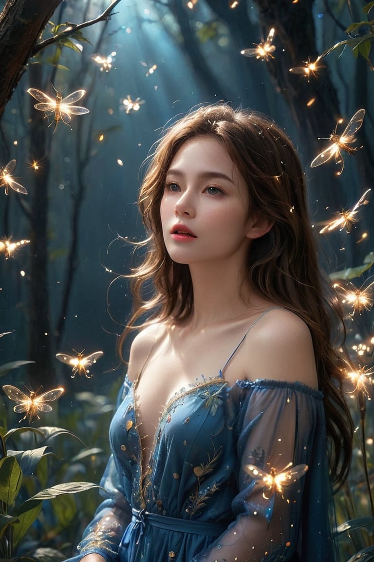 The young alluring lighting goddess. A digital masterpiece image, featuring a woman in a deep blue background, enveloped in a swarm of bright fireflies that illuminate the darkness with flashes of light. With her soft, wavy brown hair, the woman exudes an aura of tranquility and serenity. Her dress appears as an ethereal cloak of light that blends with the glow of the fireflies, while the winged creatures flutter around her, creating a magical and captivating effect. The harmony of deep blue tones and the soft radiance of the fireflies establishes an enchanting atmosphere that captures the audience's attention and imagination.