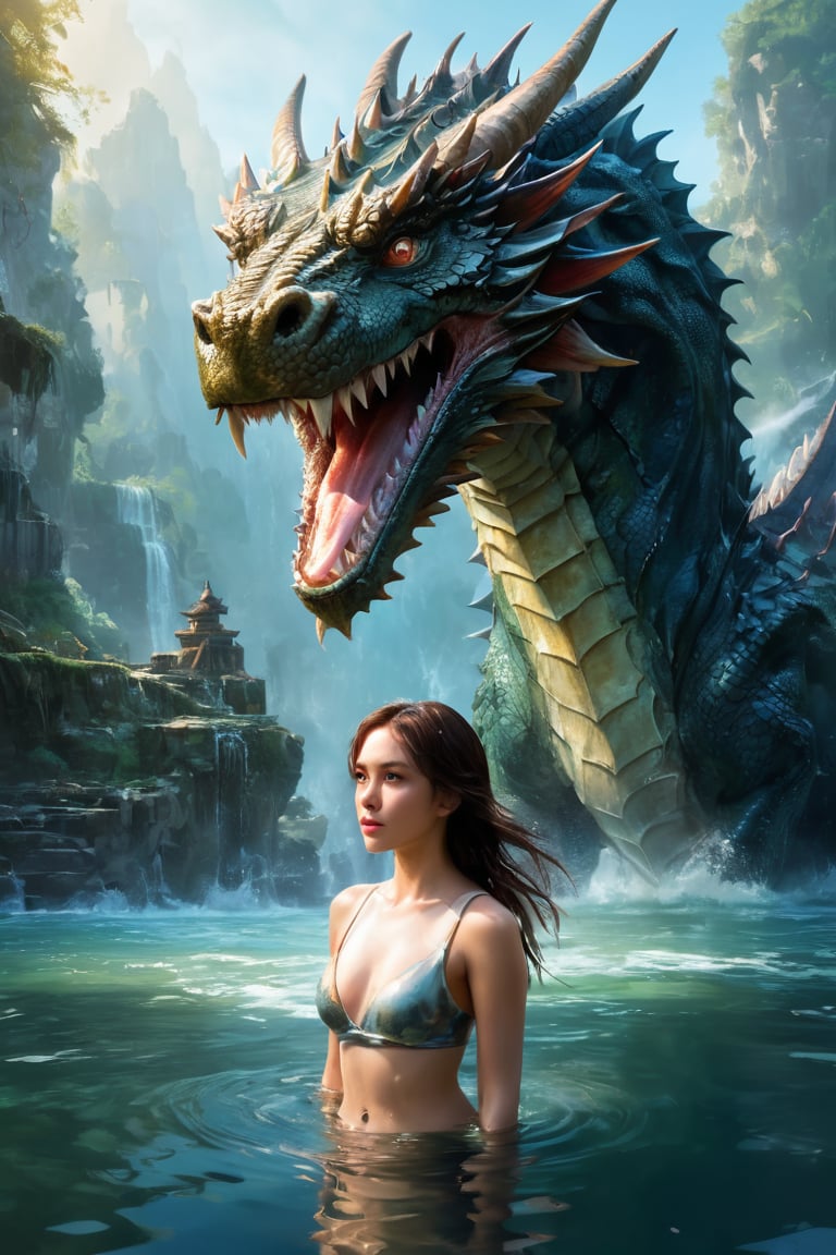 hyperrealistic,  a masterpiece,  a young woman is standing in the water next to a gigantic dragon head by AdonisKobi on Te...