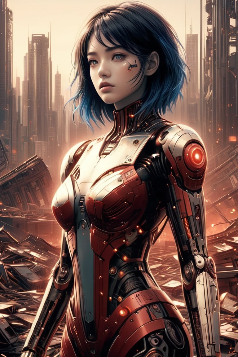 ((masterpiece)), ((best quality)), (((photo Realistic))), (portrait photo), (8k, RAW photo, best quality, masterpiece:1.2), (realistic, photo-realistic:1.3). subject completely depicted in a realistic fashional image. Photo of a broken ruined cyborg girl in a landfill, robot, body is broken with scares and holes, half the face is android, creating a hyperpunk scene with desaturated dark red and blue details, art by Otomo Katsuhiro