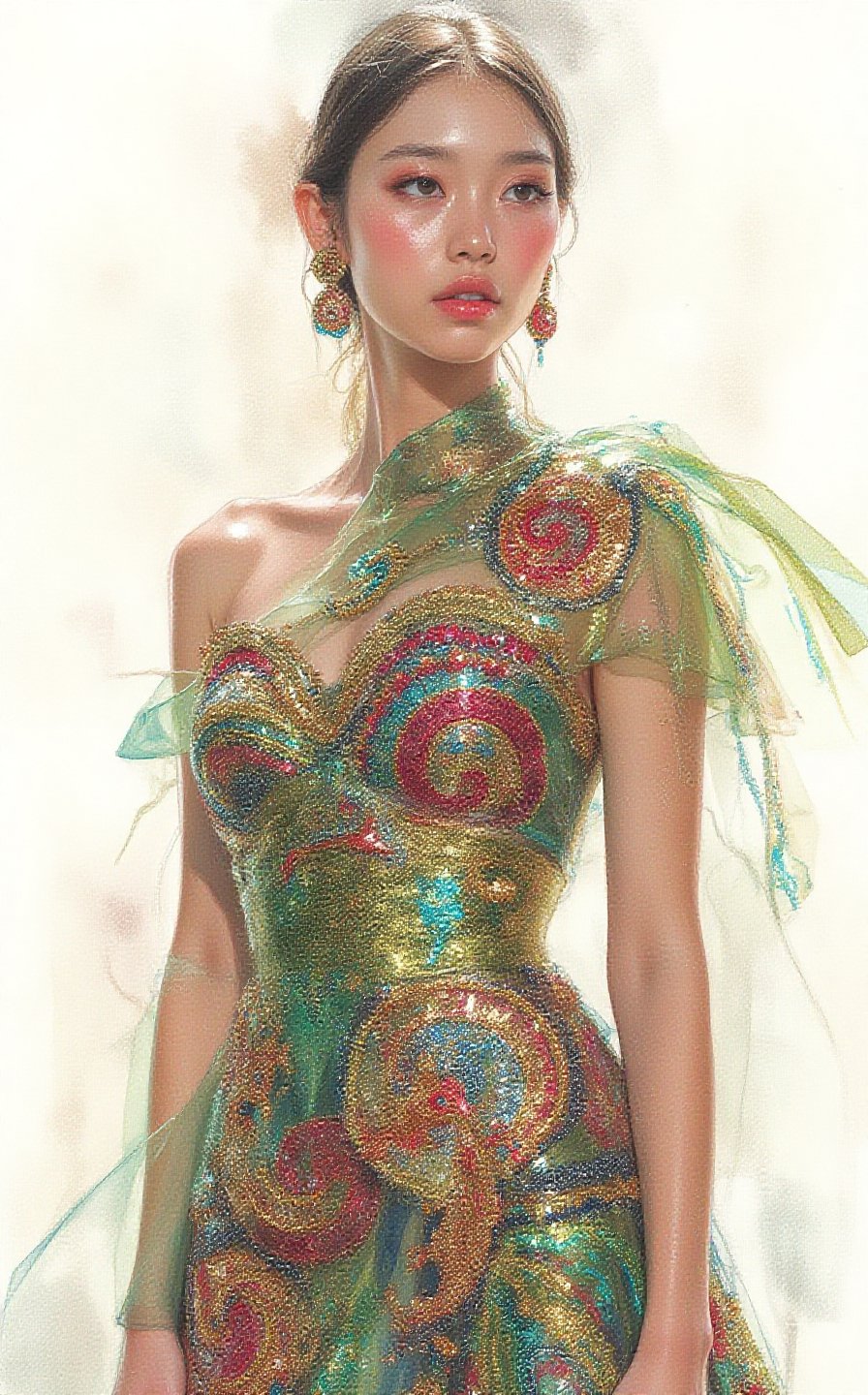 A striking watercolor painting of a young woman wearing an avant-garde dress inspired by Dayak beaded textile motifs from Borneo. The stunning shiny outfit features a modern silhouette that blends and combines traditional elements with contemporary fashion, showcasing bold geometric patterns and vibrant colors drawn from the rich Dayak textile heritage. The outfit consists of a flowing, asymmetrical dress that cascades elegantly, adorned with intricate beadwork and embroidery that reflect the natural motifs of the Dayak culture, such as spirals, birds, and plants. The bodice of the dress is structured and form-fitting, made of a shimmering fabric that captures light and enhances the vibrant colors of the beads. Layers of translucent materials create depth and movement, with cascading details that mimic the flowing patterns found in traditional Dayak textiles. The color palette is rich and diverse, featuring deep reds, lush greens, and electric blues, interspersed with glimmers of metallic gold and silver.