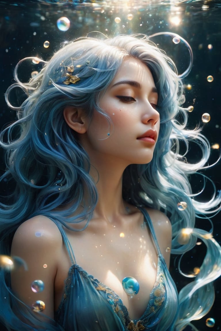 A serene and ethereal female figure with flowing blue hair that merges with the surrounding environment. She has closed her eyes and holds a delicate glowing object near her heart. The background is filled with bubbles, some of which are translucent and others shiny, giving an impression of underwater depth. The color palette is dominated by soft blues, whites, and hints of gold, creating a dreamy and magical atmosphere.