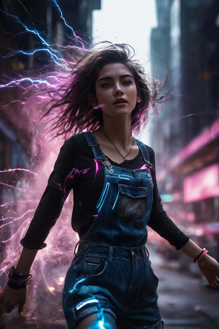 An electrifying low-angle photograph captures the essence of Alex,  a 22-year-old dark-haired tomboy,  as she dynamically...