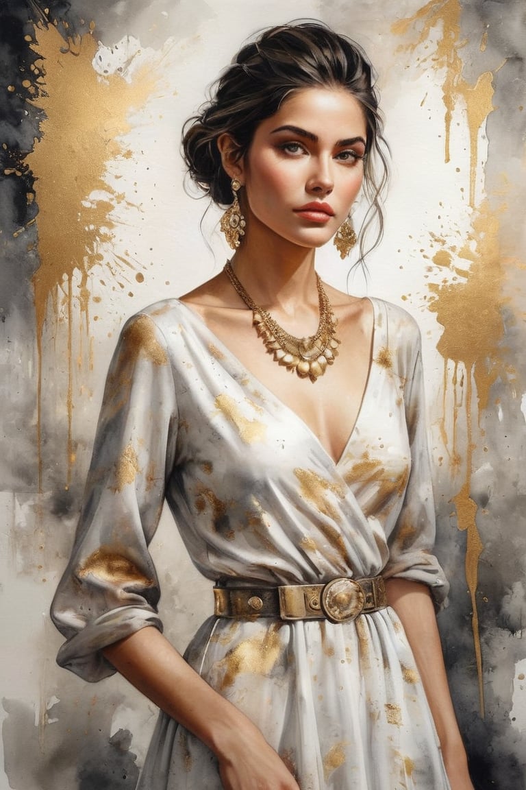 hyperrealistic,  a masterpiece painting,  A mesmerizing watercolor wash illustration featuring a stunning young woman stan...