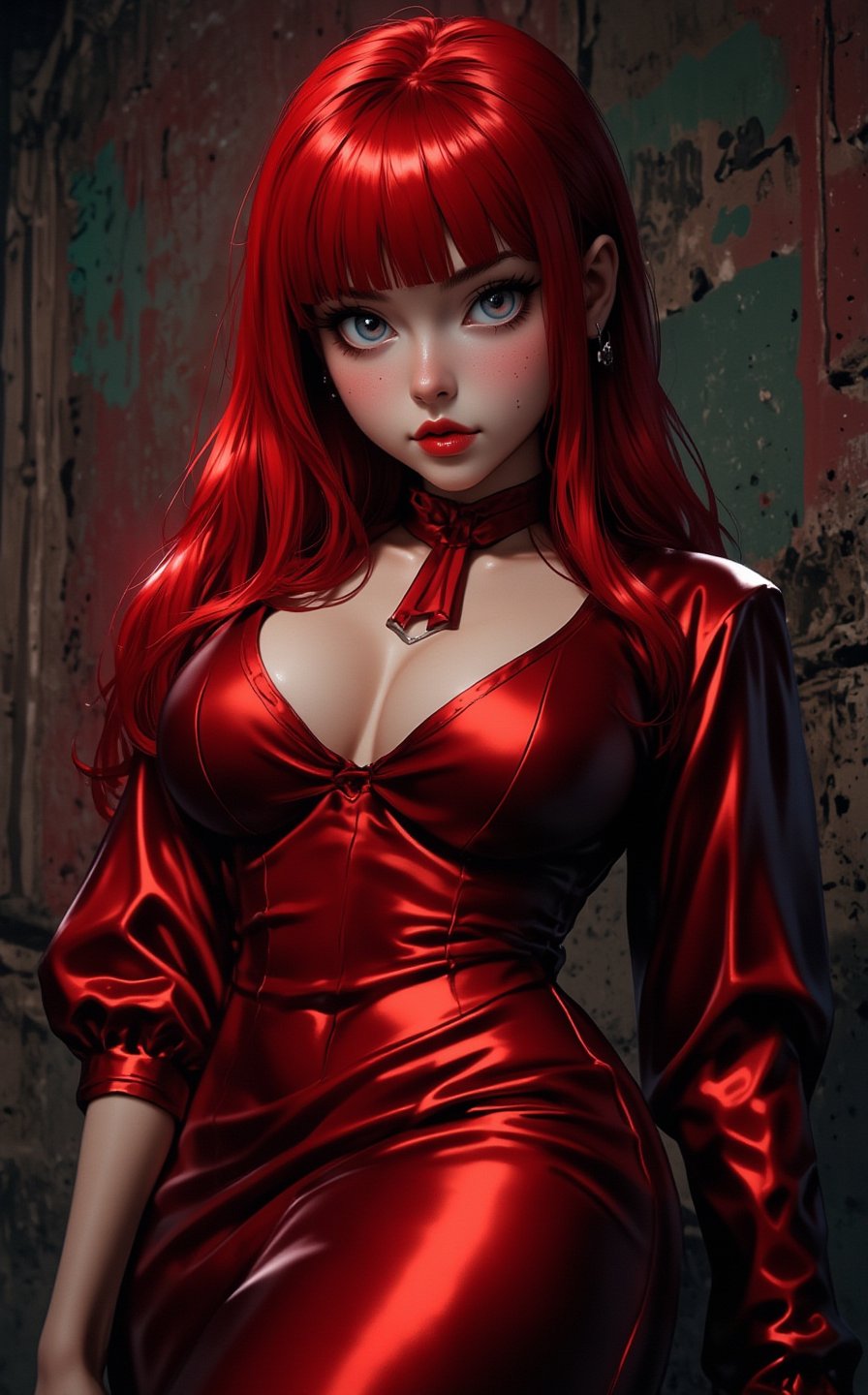 very hot Jessica Rabbit is gorgeous, Artgerm style, real cartoon, very cute and beautiful face, in the atmosphere of horror films, terrifying beauty, full-length sexy character, red hair, bright blue eyes, main character standing, gorgeous look, memorable character, epic live-action movie 