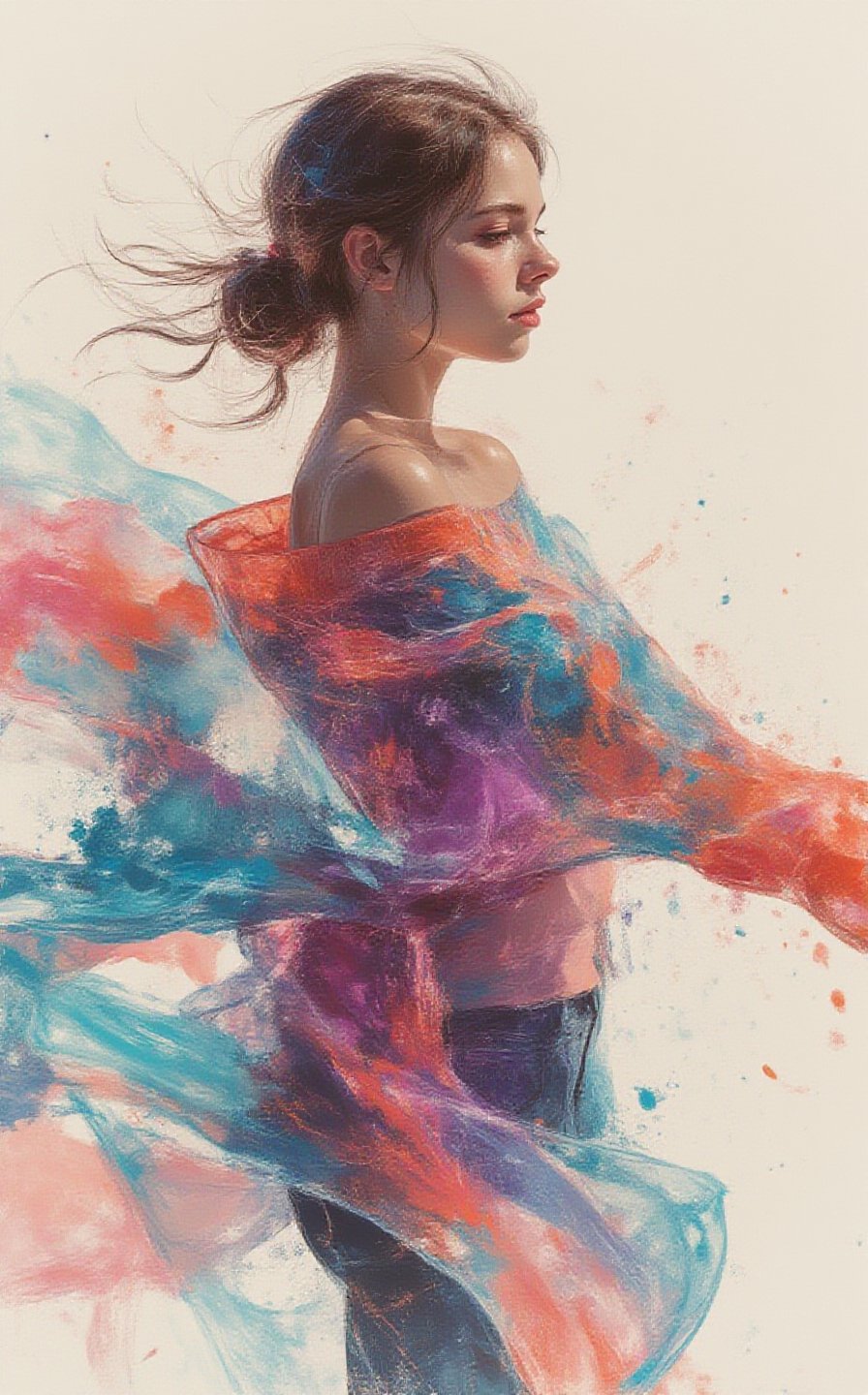 A stunning illustration of a young alluringly beauty woman standing gracefully, wearing an oversized sweater with one shoulder exposed, rendered in the bold, textured brushstrokes of Leonid Afremov combined with the fluidity of ink washing. The sweater is painted vibrant colors, cyan, purples, coral and oranges, sweeping fabric is caught in the wind, swirling around her in expressive, high contrast, thick strokes of paint. The flowing material dances through the air, creating a sense of dynamic motion and energy. The vibrant ink brings a subtle, ethereal quality to the swirling fabric, blending into soft, flowing gradients.The background is minimal, allowing the vibrant sweater and soft ink washes to stand out, as the combination of the great artist Afremov’s energetic style.