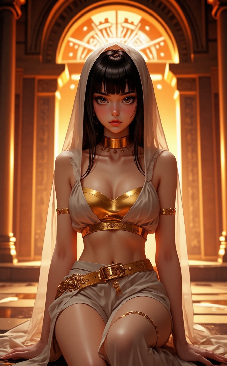 Ghibli studio anime style. A young woman draped in a transparent flowing cloak with a hood, one leg kneel down in an opulent, architecturally detailed setting. She wears a golden choker and a matching bralette, with a golden belt adorned with intricate designs. The background features a grand archway, illuminated with a warm, golden light, revealing ornate pillars and decorative elements. The atmosphere exudes a sense of mystery and elegance.