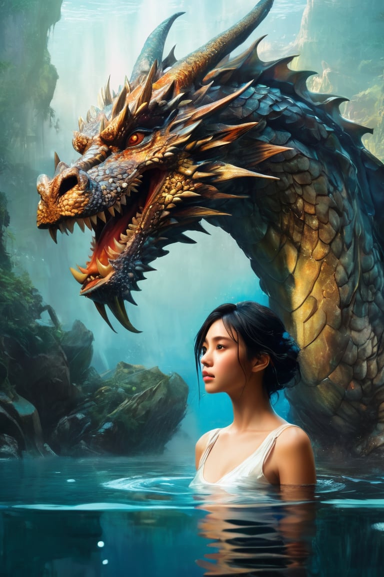 hyperrealistic,  a masterpiece,  a young woman is standing in the water next to a gigantic dragon head by AdonisKobi on Te...