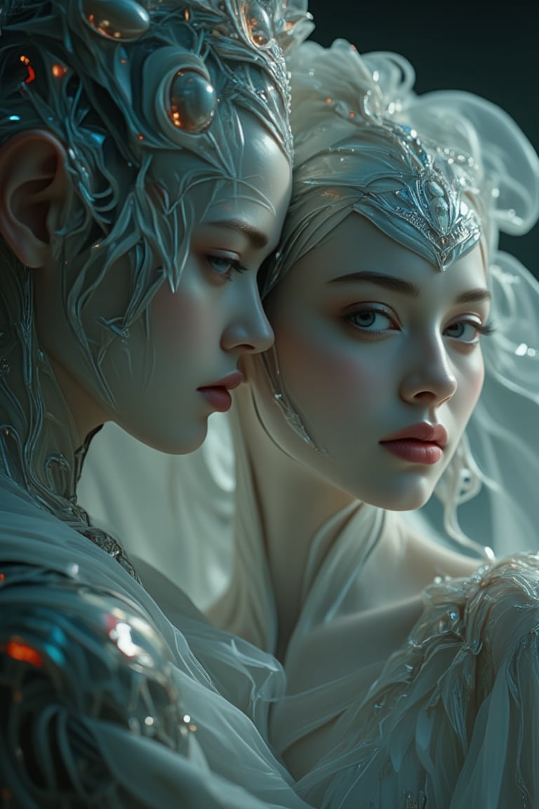 An alien male humanoid and a young woman merging together to create a new plane of existence,  their bodies transcending t...