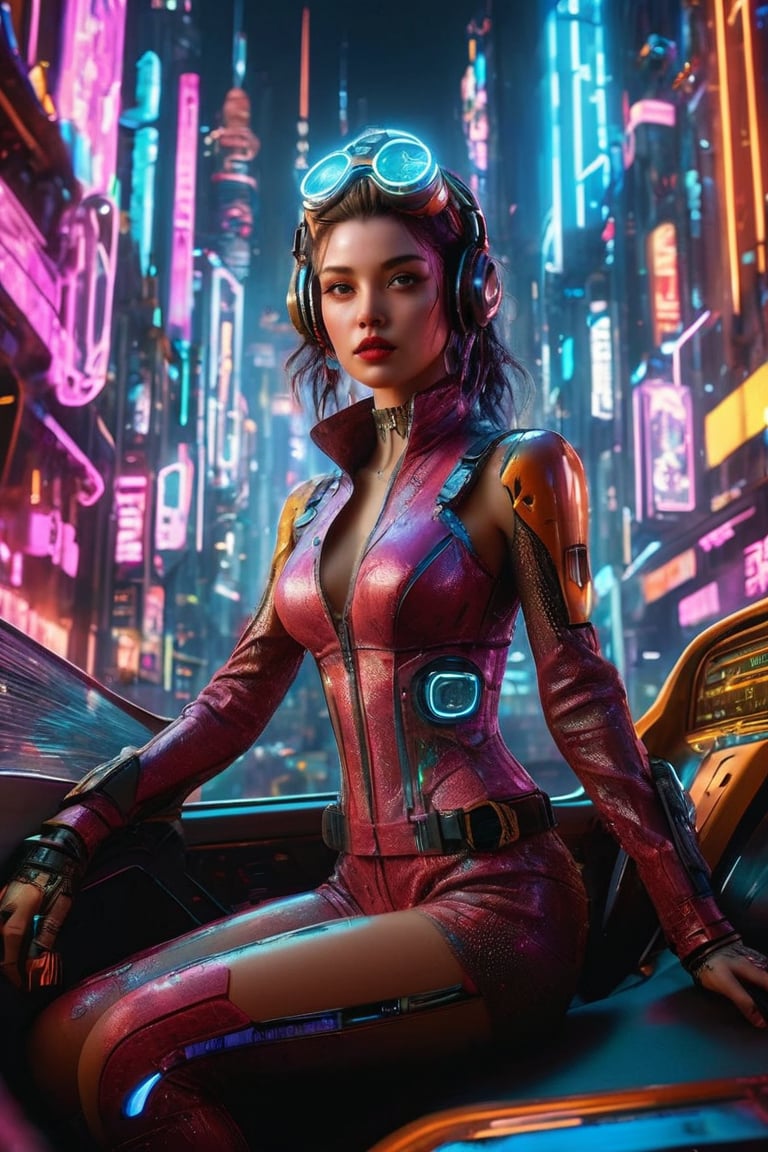 ((masterpiece)), ((best quality)), (((photo Realistic))), (portrait photo), (8k, RAW photo, best quality, masterpiece:1.2), (realistic, photo-realistic:1.3). The female cyberpunk passenger, dressed in a stylish, form-fitting outfit with high-tech elements and cyber art accents, sits confidently in the flying cab. Gravitaxi, the flying taxi, soared through a neon-lit cyberpunk cityscape. The background reveals a daring and vibrant cityscape, with towering skyscrapers and a dark, mysterious atmosphere. Holographic advertisements add to the futuristic, immersive setting, creating an overall ambiance that perfectly encapsulates the essence of a cyberpunk world. Masterpiece movie poster.