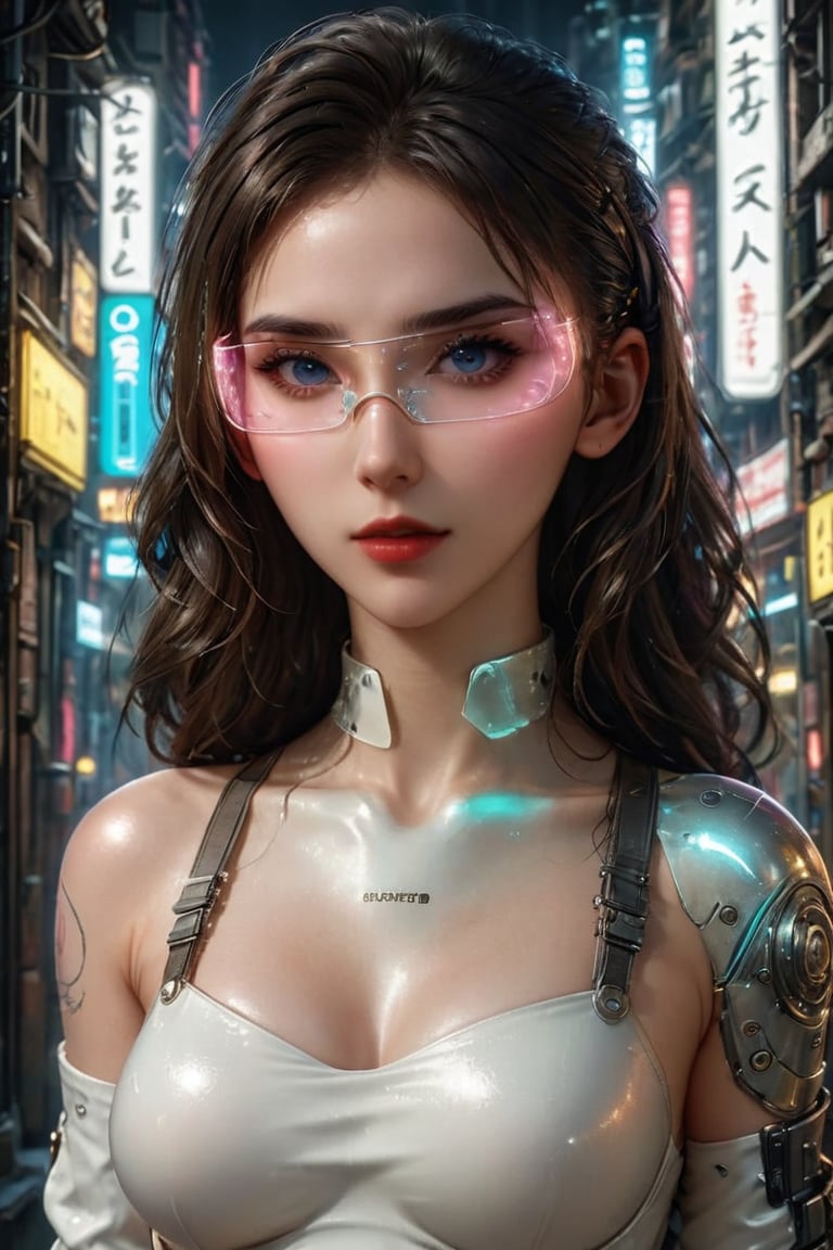 [three-quarter dynamic position::12], (Dylan Kowalski:1.25), [gorgeous face, (long loose spreading brunette wavy hair:1.1), (amazing pale skin:1.2), pastel lighting, mysterious smile, ((looking at the camera)), bright and piercing eyes:9], gorgeous young cyborg girl in sexy hole  white platinum outfit((anatomical:0.7) bellybutton (glossy cybernated body and hands in (Deus Ex Mankind Divided style):0.9)) and (trim and athletic:0.95),, inside a slum alley with (neon signs:0.6), (dramatic neon lighting:0.9), natural glossy, Dark matte, [stunning high-activity unity render::30] Maximally natural hair[superdetail, ((professional photography, hyperphotorealistic, cinematic, natural reflection textures, max natural materials, high-contrast shadows, cinematic lighting, soft lighting)):20], (neon lighting:0.8), [nikon d850 film stock photograph 4 kodak portra 400 camera f1. 6, 150mm, ISO 100, CineStill 800 Tungsten:15],cyberpunk glasses