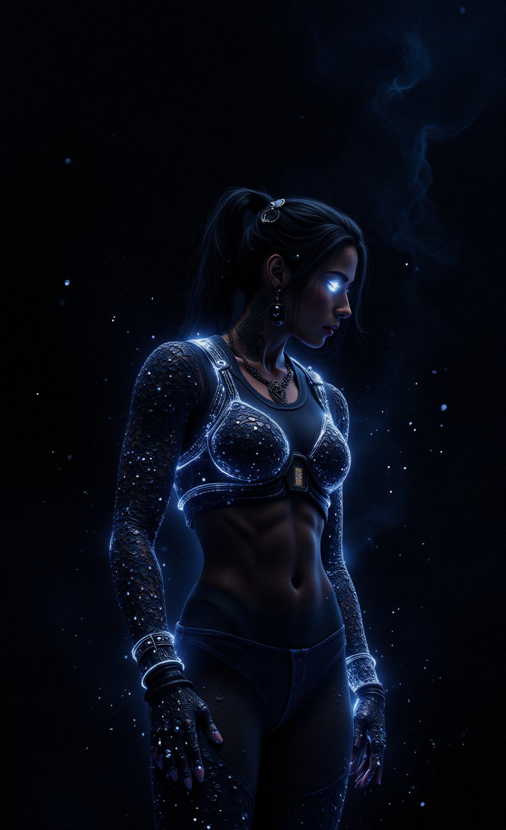 A cinematic sci-fi illustration of a distinguished black woman with intricate tattoos that glow mysteriously. She wears a...