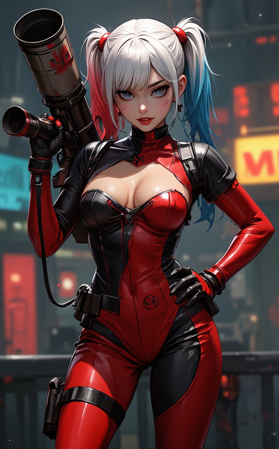 Ghibli studio anime style. Full body shot of Harley Quinn,  sexy pose in original Deadpool's costume,  carrying a huge roc...