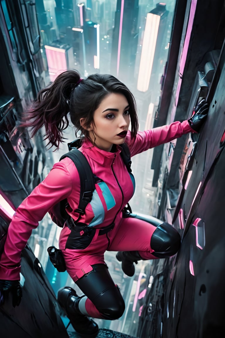 Cinematic, dramatic high-angle photograph looking down from above as Alex, a 19-year-old dark-haired young woman, as she dynamically climbs up the wall of a futuristic megacorp's headquarters. She is clad in dark lipstick, a tight pink top, and short overalls, as well as high-tech gloves and kneepads that aid her climb. She sweats from the difficult ascension and the neon-soaked background of a sprawling megalopolis, with its holographic advertisements and massive buildings, conveys the gritty cyberpunk setting.