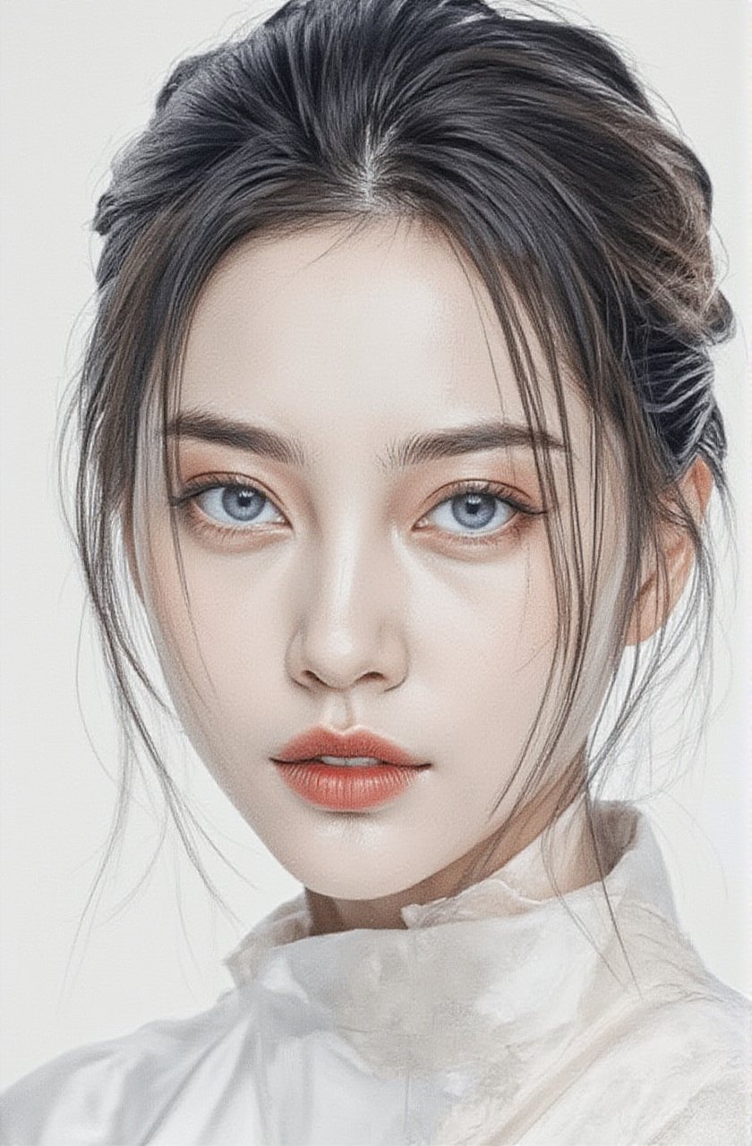 Realistic Black and white delicate sketch of a beautiful Korean woman, white minimalist room background setting, highlighting the contrast between the black and white face and only colored on symmetric blue eyes and pink-red lips, the lighting is soft and diffused, casting gentle shadows that sculpt her features and the textures of her attire. Perfect face, simetrical face, simetrical eyes, insanely detailed, 