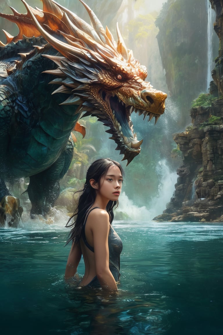 hyperrealistic,  a masterpiece,  a young woman is standing in the water next to a gigantic dragon head by AdonisKobi on Te...